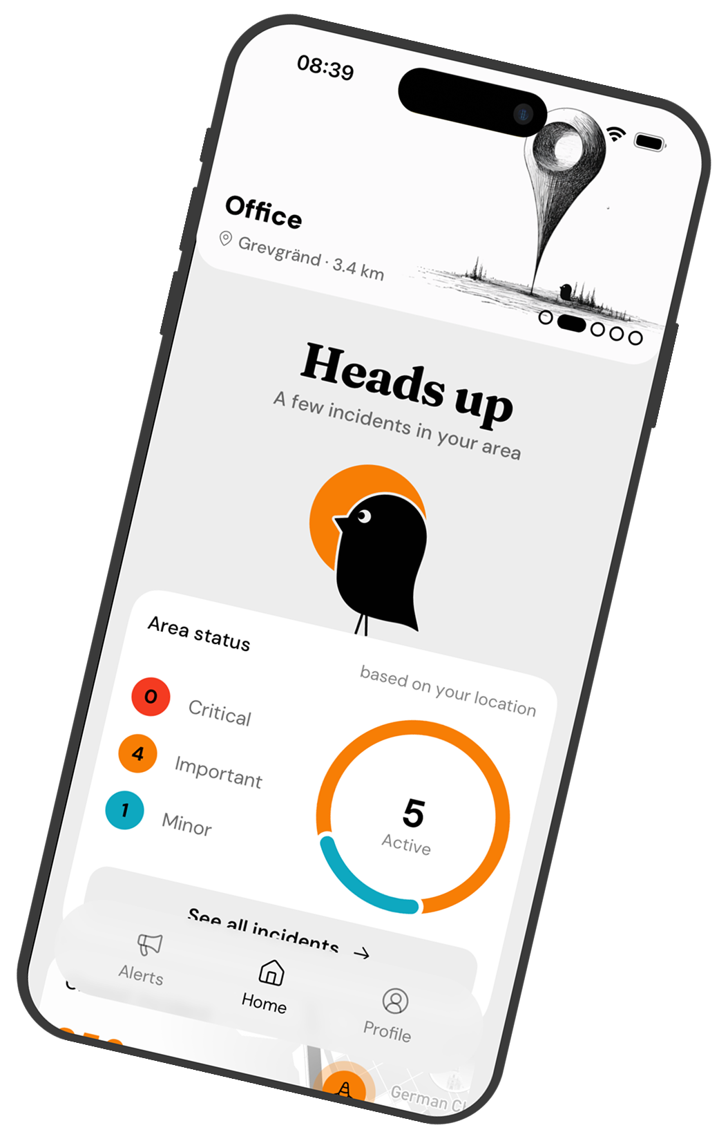 The Skouta app showing nearby alerts